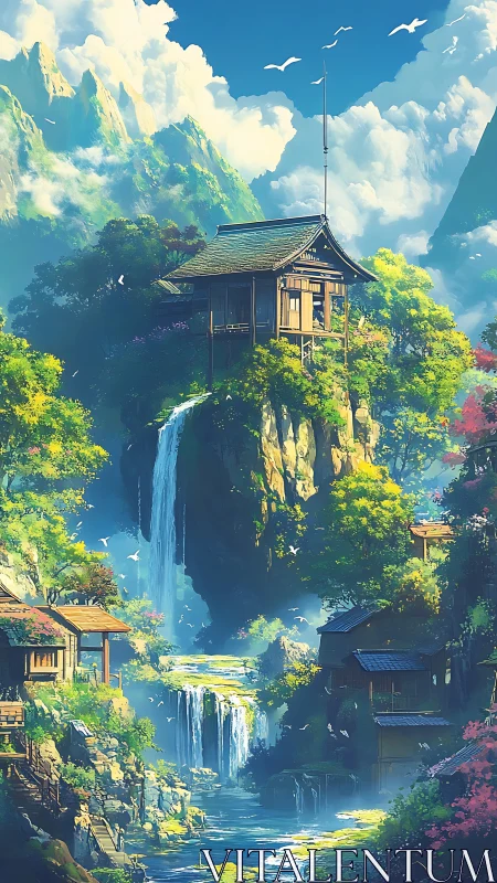 Mountain shrine overlooks cascading waterfalls and misty valley.