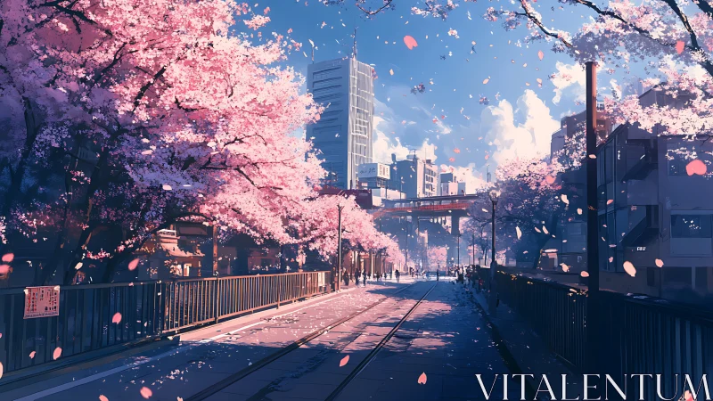 Urban cherry blossom avenue with rail tracks at dusk.