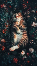 Contented Tabby Resting Among Vibrant Blooms.