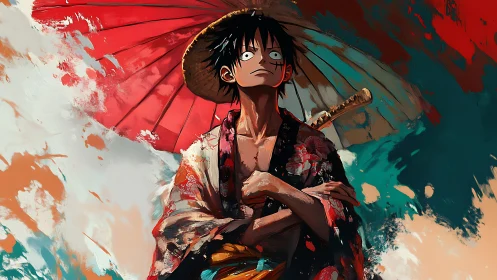 Samurai-inspired anime warrior stands beneath vivid red parasol