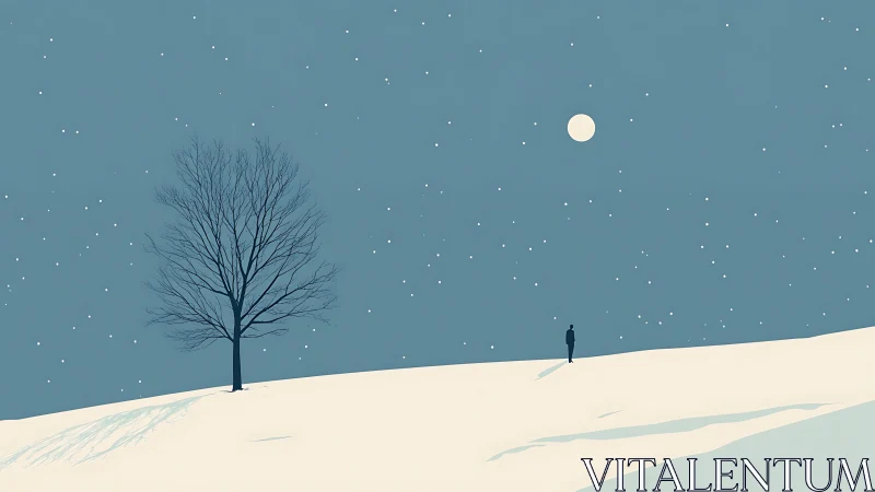 Solitary figure on snowy hill under moonlit winter sky.