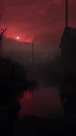 Rural waterway at dusk under red overcast sky period.