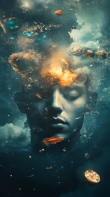 Surreal submerged portrait merges cosmic clouds and explosions