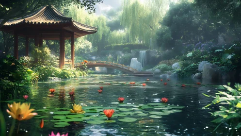 Digital painting of serene pagoda garden with lotus pond.
