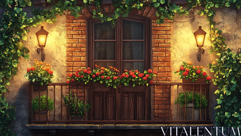 Evening balcony with brick façade, lamps and potted plants.