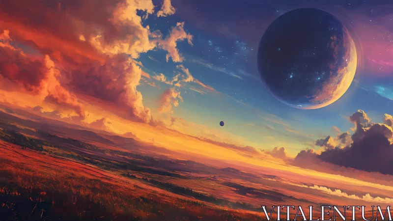 Digital landscape depicts tilted plain under large distant moon