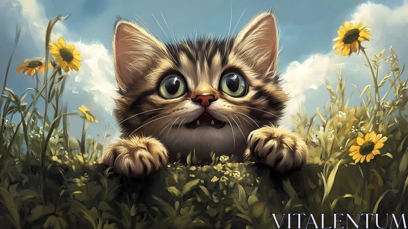 Wide eyed kitten peeks through meadow sunflowers in light.