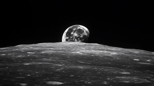 Monochrome Earthrise above cratered lunar horizon in space.