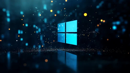 Windows logo glows amid digital bokeh particles in blue space.