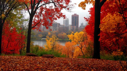 Urban skyline framed by saturated autumn foliage panorama.