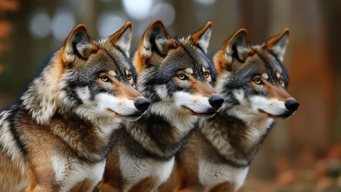 Photorealistic triple wolf portrait in shallow forest field.