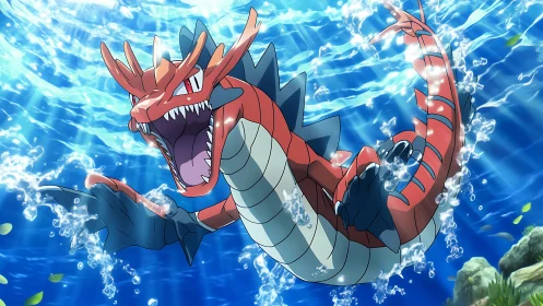 Sea serpent-like creature moves upward through clear water