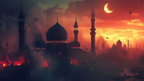 Digital painting of burning mosque skyline at crimson dusk.