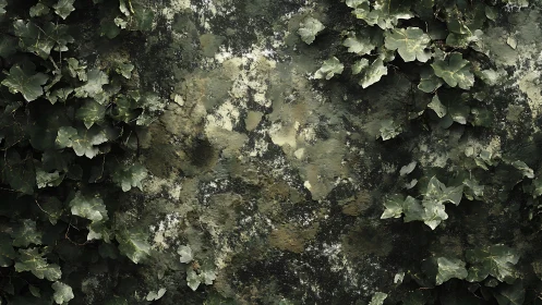 Ivy colonization across weathered, lichen-patched stone wall.