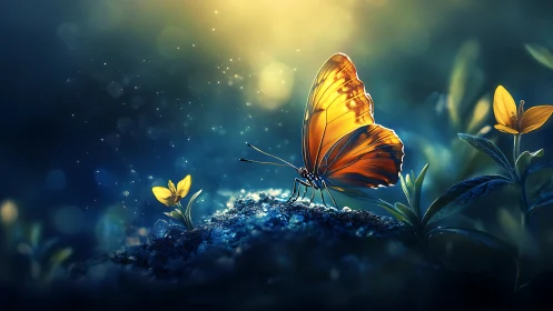 Backlit orange butterfly rendered with macro depth-of-field glow