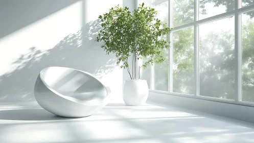 White spherical chair and potted tree near large windows