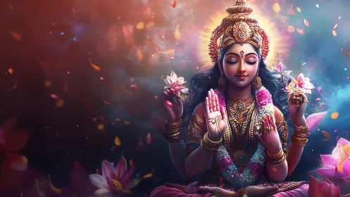 Divine Hindu goddess in radiant lotus halo meditation.
