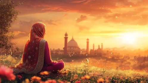 Digital painting of veiled figure at golden mosque sunset.