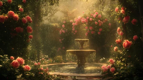 Enchanting rose garden embraces a sunlit tiered fountain.