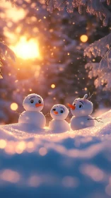Snowy sunset trio of giggling snowfolk in glittering drifts.