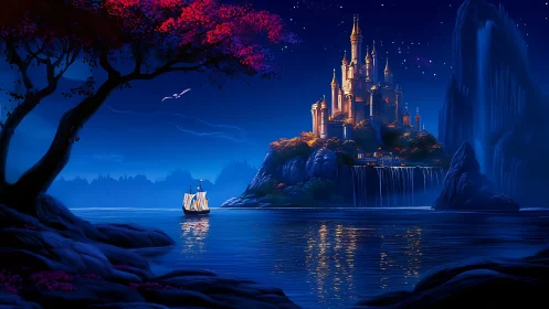 Nocturnal Fantasy Castle on Mountainous Island with Illuminated Architectural Spires