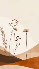 Minimalist wildflowers rise over warm abstract hills at dusk