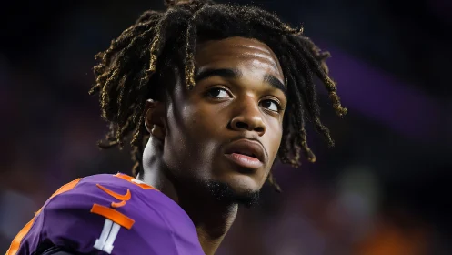 Young football player gazes upward under stadium lights