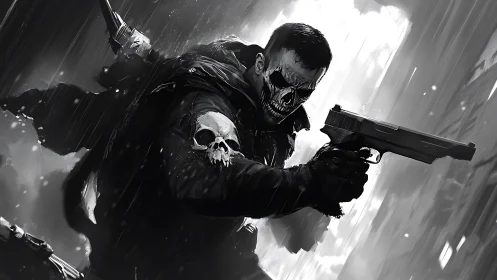 Tactical skull-masked gunman in dynamic monochrome rainfall