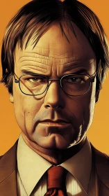 Grim office strategist under molten amber studio light glare.