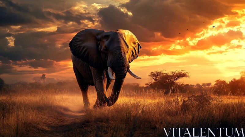 Majestic elephant strolls through glowing savanna sunset light