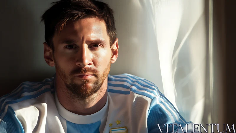 Male footballer portrait in Argentina jersey by window light.