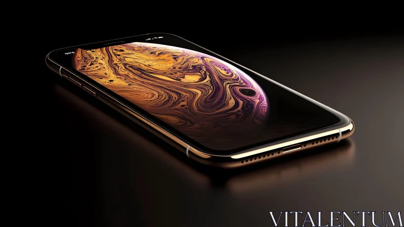 Modern smartphone with gold frame on dark reflective surface, elegant style. Modern smartphone with gold frame on dark reflective surface, elegant style.