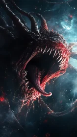 Cosmic tentacled monster opens serrated jaw in space