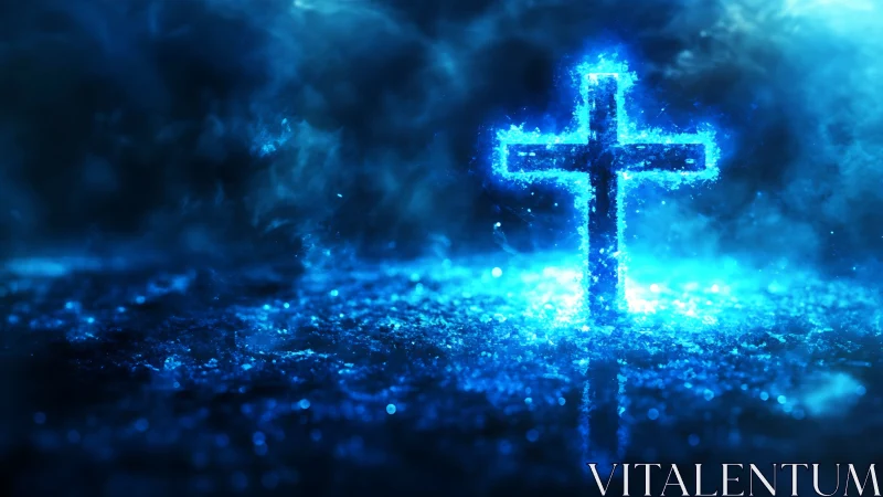 Glowing blue cross emerging from misty illuminated ground.