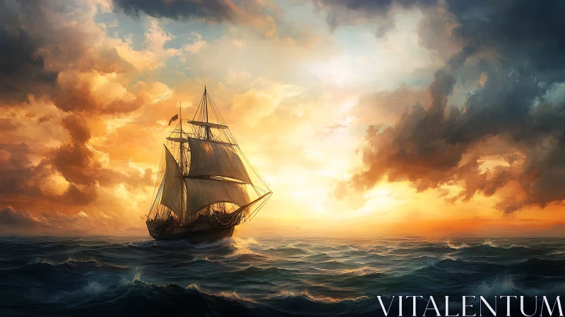 Tall ship cuts through glowing sunset storm seas.
