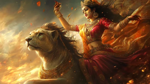 Lion-riding warrior goddess in radiant golden apocalypse.