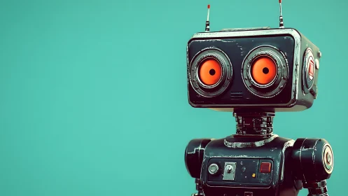 Retro-futuristic service robot with worn chassis on teal ground