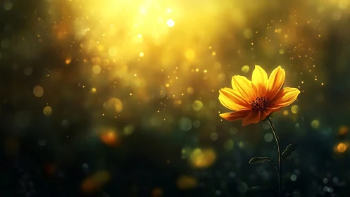 Golden flower glows against dreamy bokeh light field.