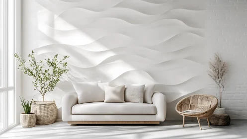 Serene minimalist living room with sculpted wave wall paneling.