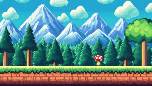 Retro Pixel Mountain Landscape with Forest and Mushroom.