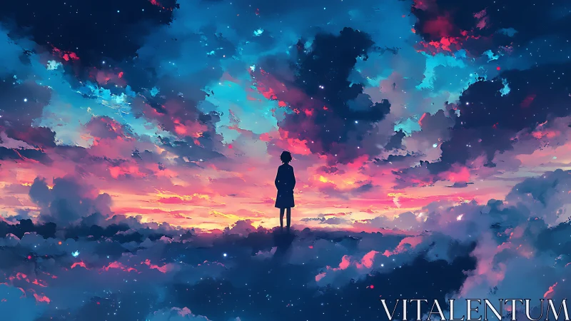 Silhouette of lone figure standing above vivid sunset clouds.