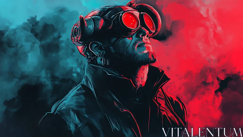 Man in goggles amid red and cyan digital smoke field.