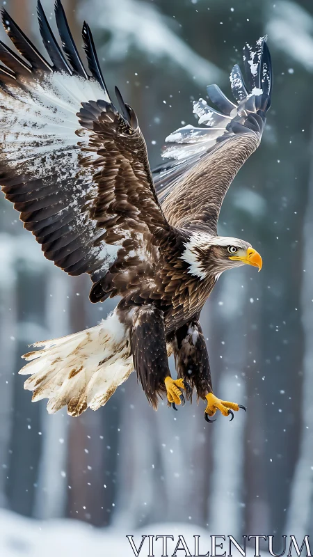 Bald eagle winter flight with extended snow-dusted wings.