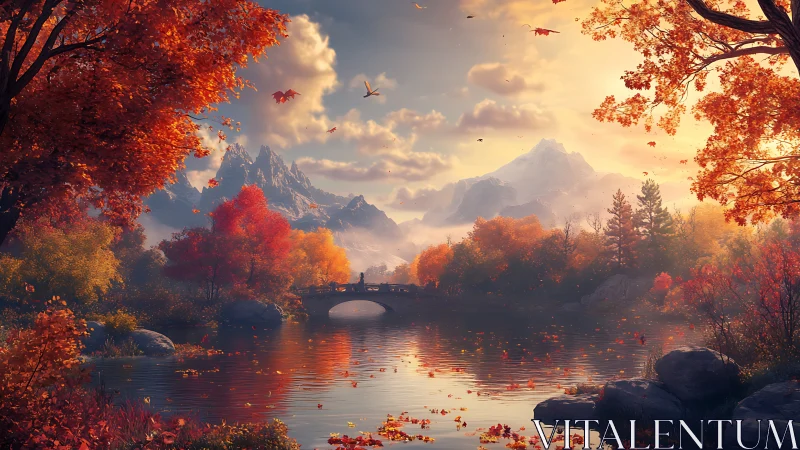 Peaceful autumn river valley under bright mountain light.