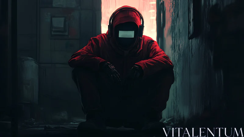 Hooded cyber figure crouches in neon alley glow at night.