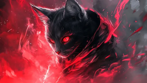 Mystical black cat wrapped in swirling crimson magic glow.