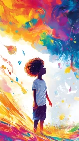 Child gazing into swirling rainbow dreamscape of color.