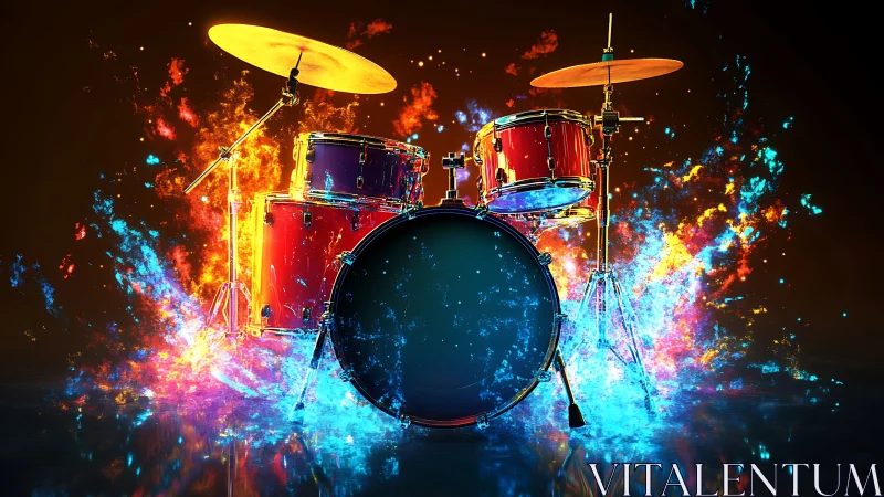 Drum kit ignites neon firestorm in liquid sound burst.