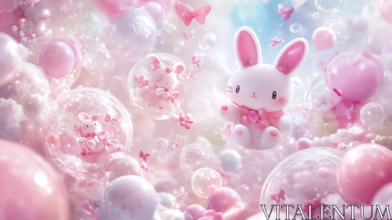 Digital painting of pastel bunny mascots in floating bubble clouds.