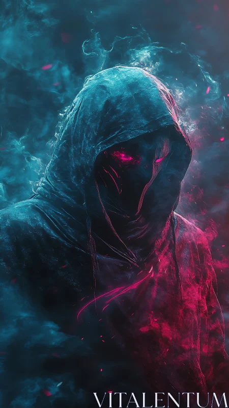 Hooded spectral figure shimmers in blue and crimson haze.